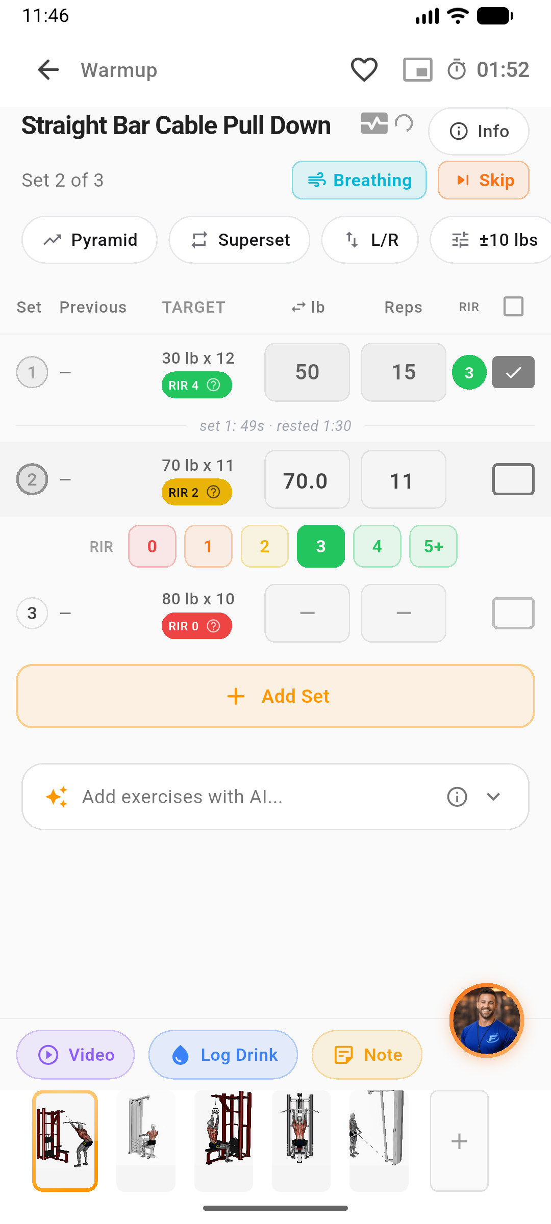 Zealova per-exercise workout history showing real logged sets and weights